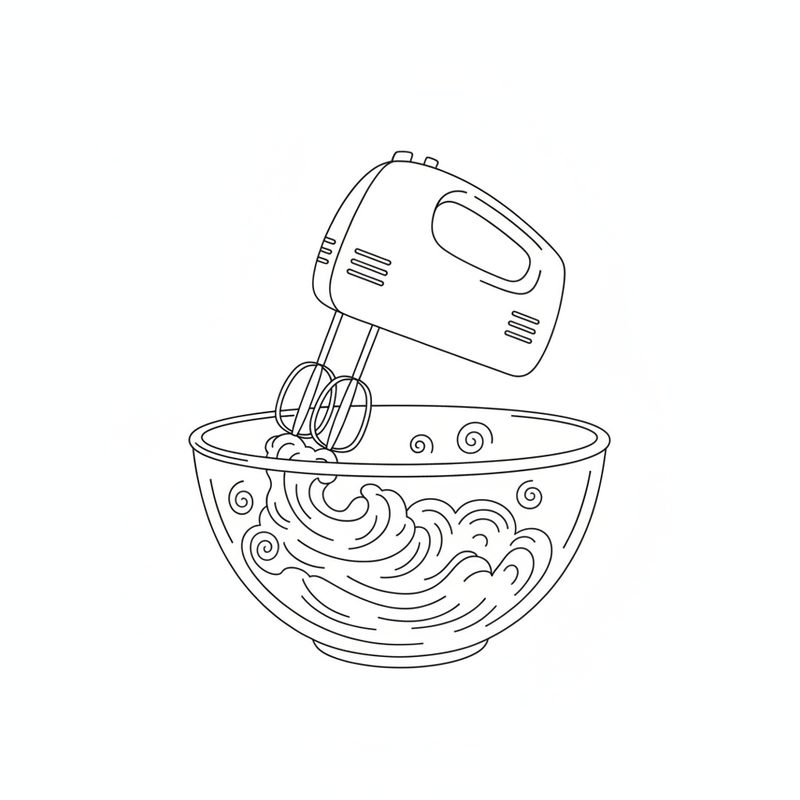 Line drawing of an electric hand mixer whipping a fluffy mixture in a large glass bowl