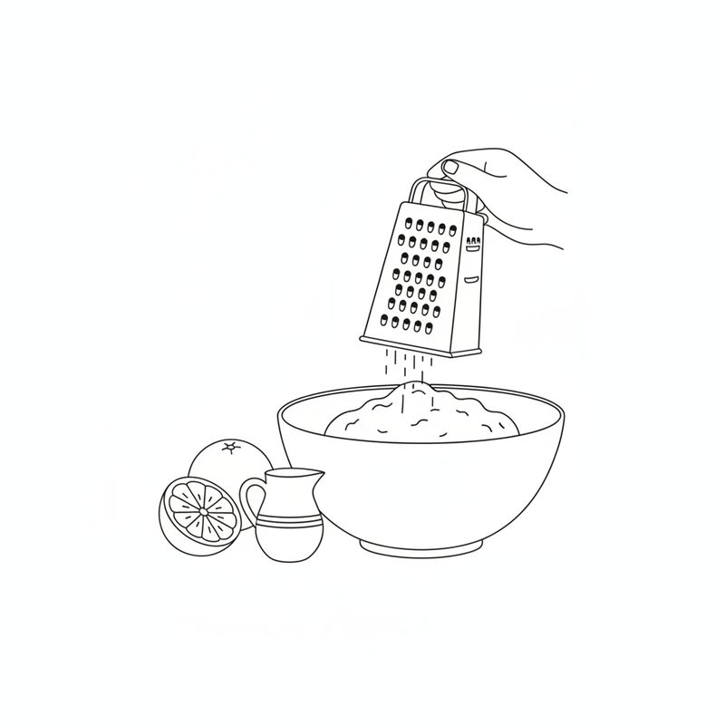 Line drawing of a hand grating zest with a box grater over a bowl of dough, a halved orange and a small jug beside it