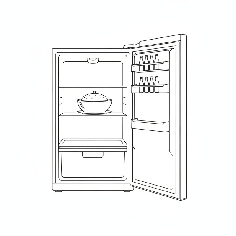 Line drawing of an open refrigerator with a covered bowl of dough on the middle shelf and bottles in the door