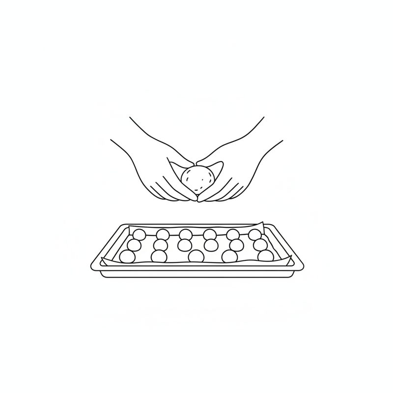 Line drawing of two hands rolling a ball of dough above a paper-lined baking sheet of evenly spaced dough balls