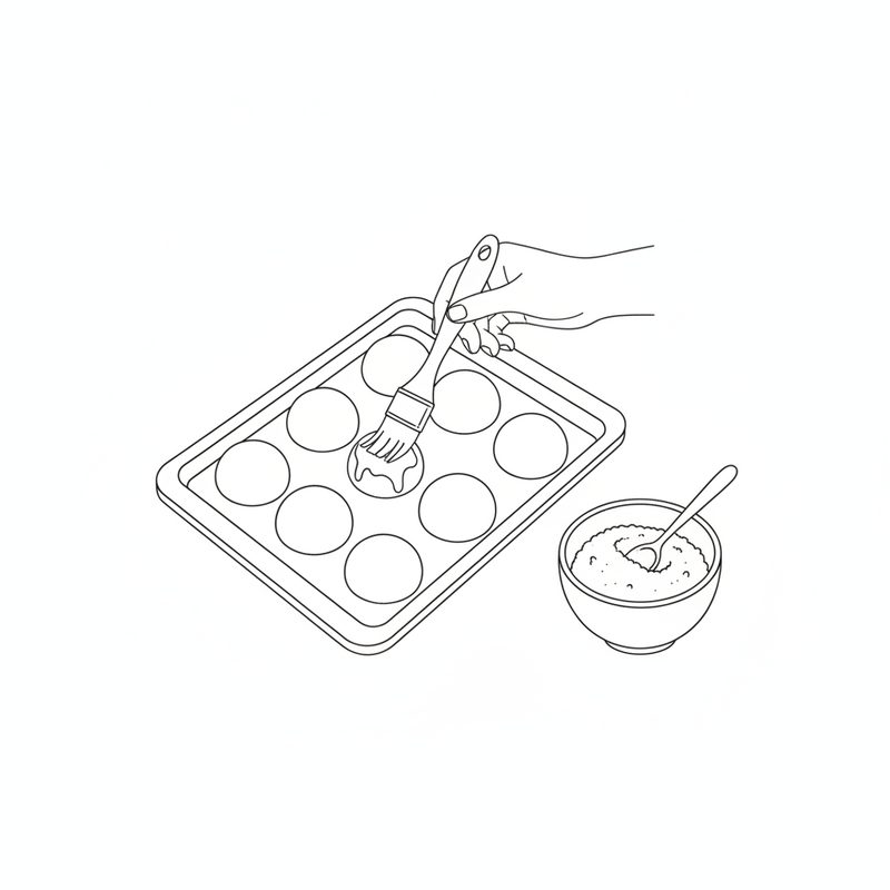 Line drawing of a pastry brush glazing dough rounds on a baking sheet, a bowl of sugar with a spoon beside it