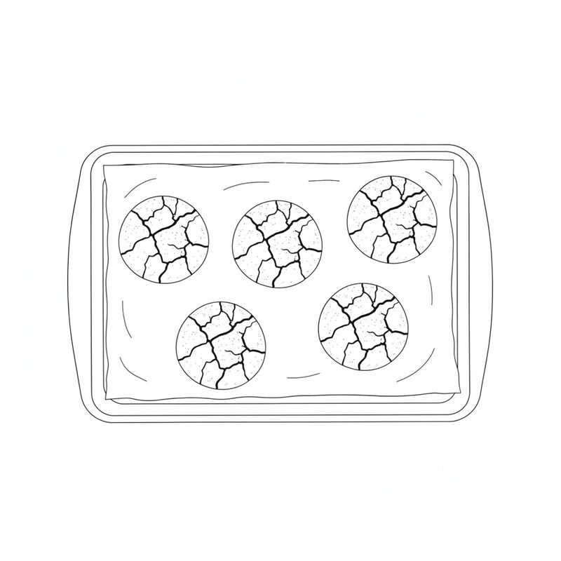 Line drawing of five baked qurabiya with cracked, sugar-flecked tops on a paper-lined baking sheet