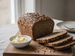 Seeded Danish rye bread loaf on a wooden board with three thin slices cut and a small bowl of butter