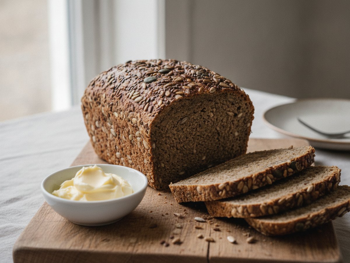 Seeded Danish rye bread loaf on a wooden board with three thin slices cut and a small bowl of butter