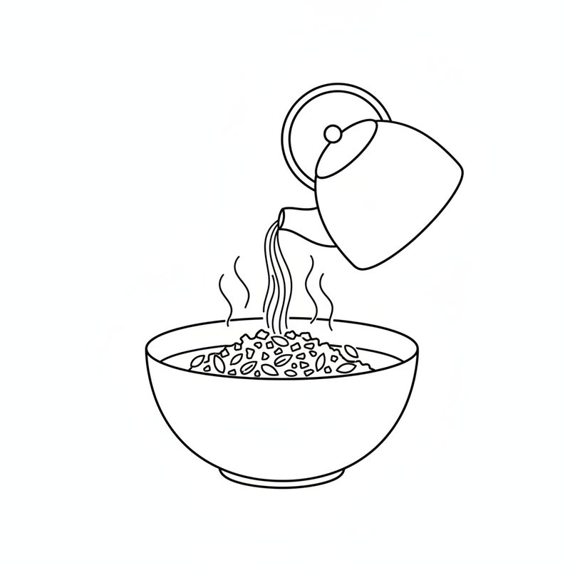 Line drawing of a kettle pouring steaming water into a large bowl of cracked grains and seeds