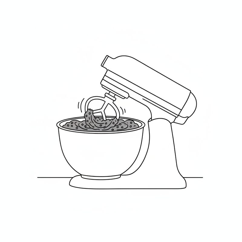 Line drawing of a stand mixer with its beater turning a thick, dark, grainy dough in the bowl