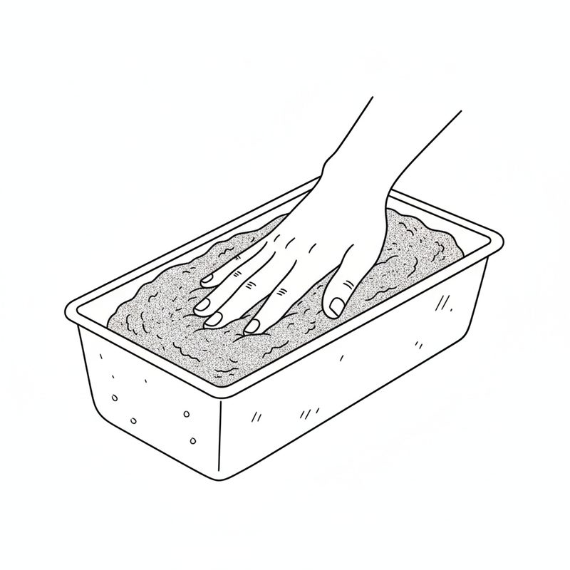 Line drawing of a hand pressing a grainy rye dough flat into a rectangular loaf tin
