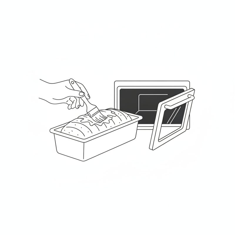Line drawing of a hand brushing the top of rye dough in a loaf tin beside an open oven