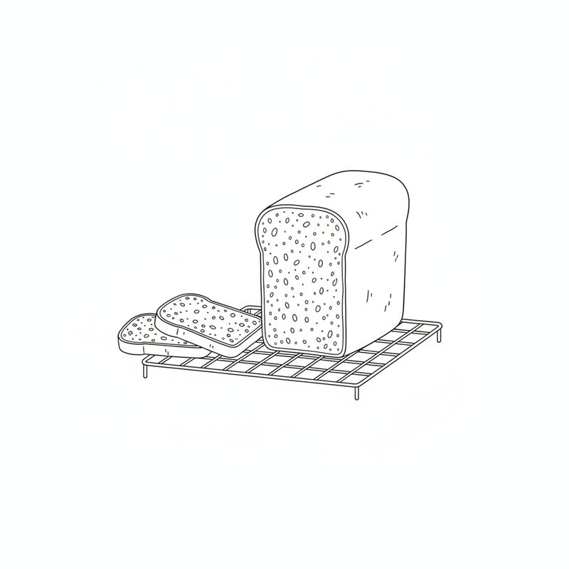 Line drawing of a rye loaf cooling on a wire rack with two slices cut, showing a crumb dotted with grains
