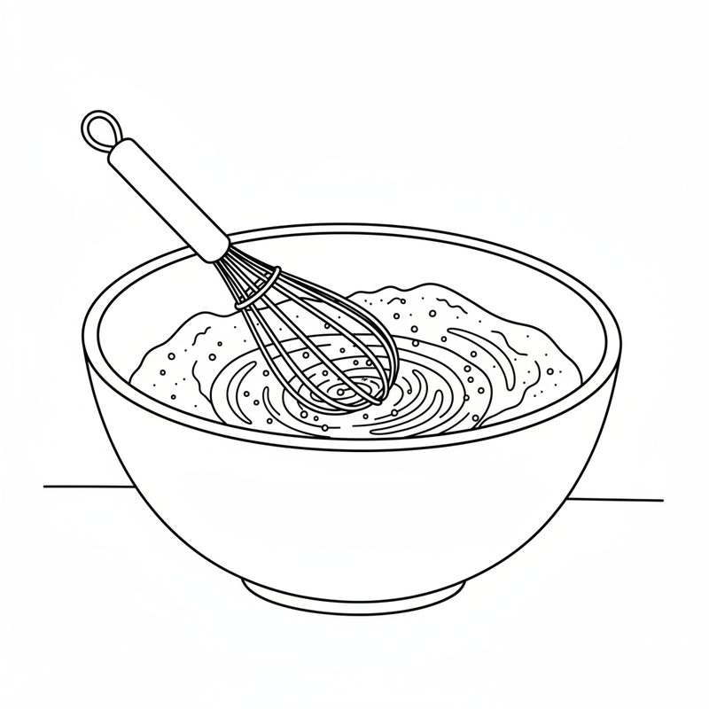Line drawing of a whisk resting in a large mixing bowl of powdery batter, swirl marks showing it being mixed