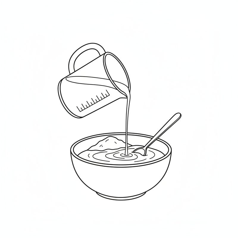 Line drawing of a measuring jug pouring milk in a steady stream into a bowl of batter with a spoon resting in it
