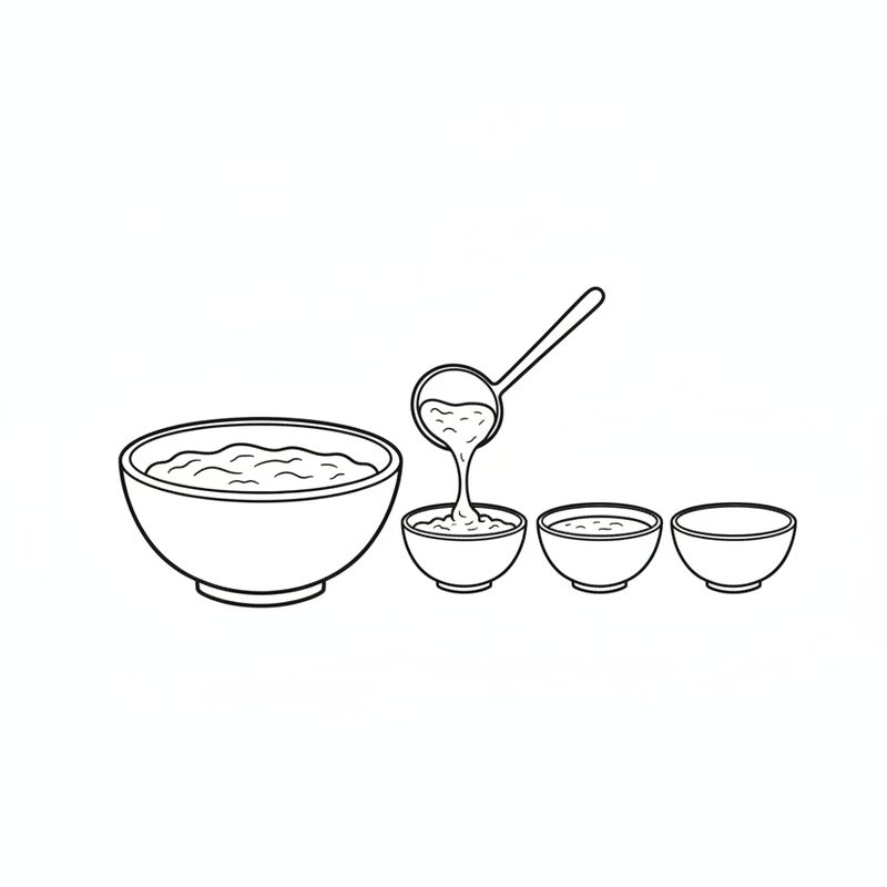Line drawing of a large bowl of batter beside three small bowls, a ladle pouring batter into the first of them