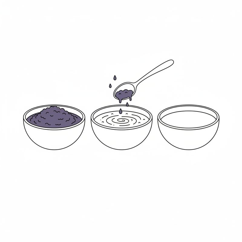 Line drawing of three bowls in a row, the first heaped with purple mashed yam and a spoon dropping some into the second bowl of batter