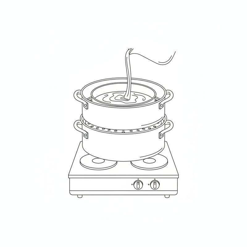 Line drawing of a two-tier steamer pot on a stovetop with batter pouring into the round pan inside it