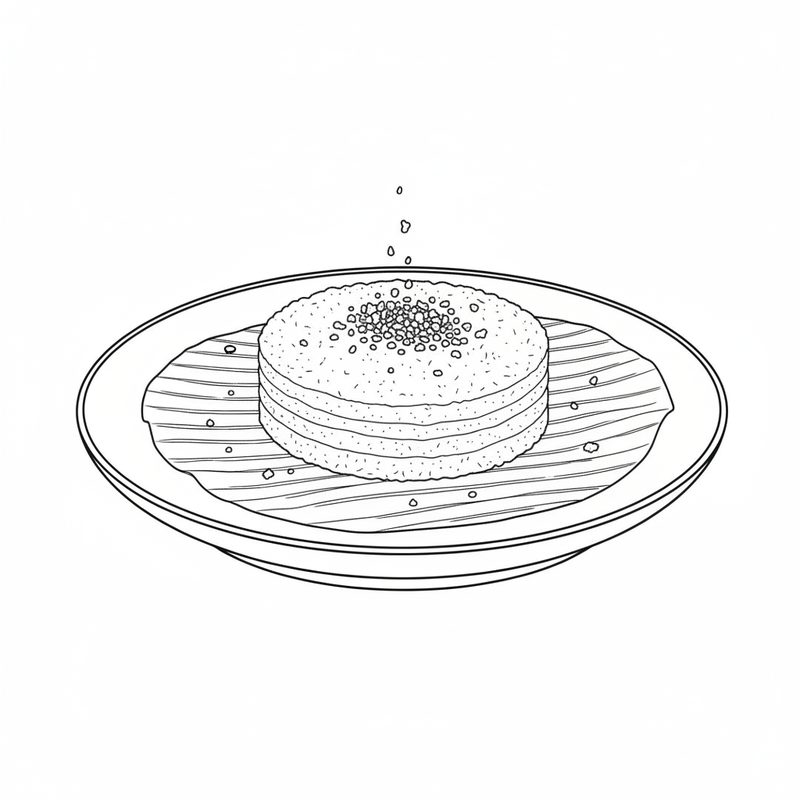 Line drawing of a round layered rice cake on a banana leaf on a plate, with coconut curds being sprinkled over the top