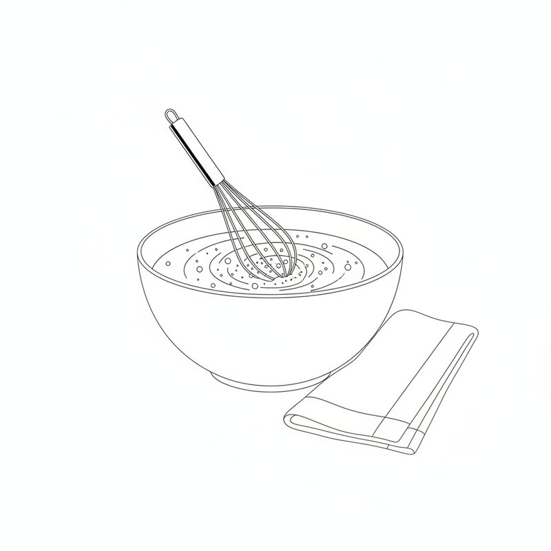 Line drawing of a whisk resting in a bowl of milk flecked with yeast and sugar, a folded towel beside the bowl.