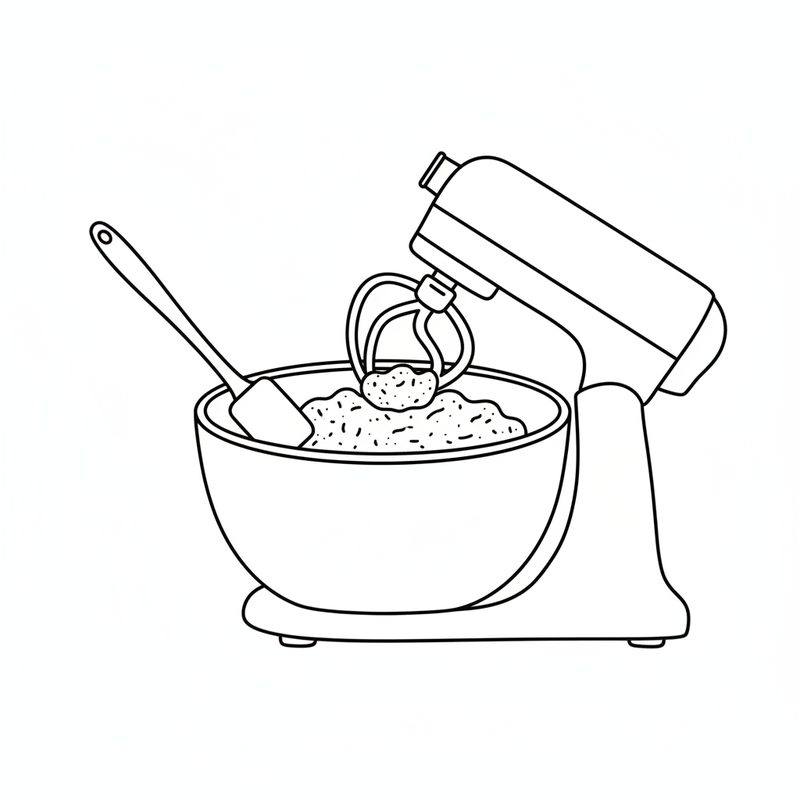 Line drawing of a stand mixer with a dough hook working a mass of bread dough, a spatula resting in the bowl.