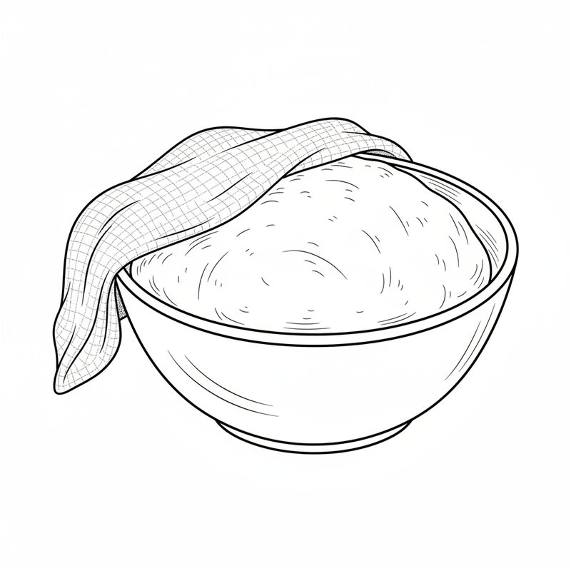 Line drawing of risen bread dough swelling above the rim of a bowl, its cloth cover pulled back to one side.