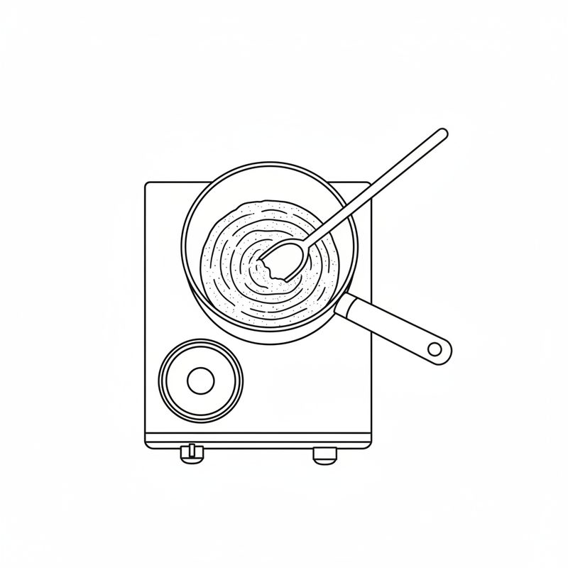 Line drawing of a saucepan on a hob seen from above, a long spoon stirring a thick speckled breadcrumb filling.