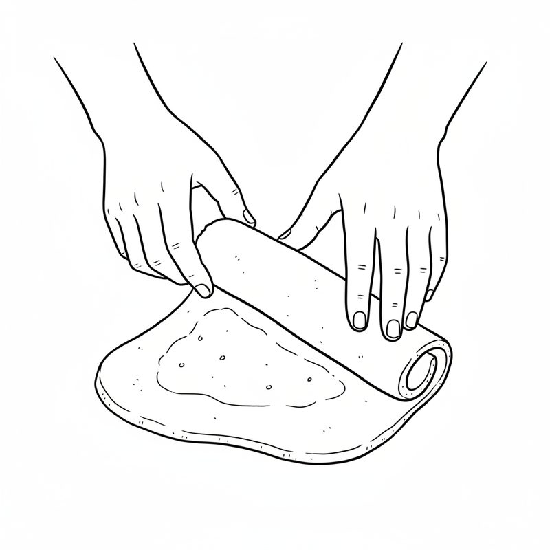 Line drawing of two hands rolling a flattened piece of filled dough inwards, the coil forming at one end.