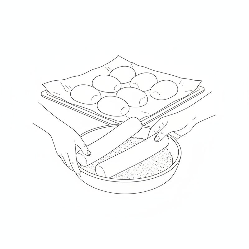 Line drawing of hands turning a dough log in a round dish of breadcrumbs, a parchment-lined tray of shaped rolls behind.