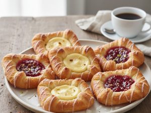 Six golden square spandauer pastries on a white plate, three with a pale vanilla custard centre and three with raspberry jam, drizzled with thin white icing and scattered with chopped nuts, a cup of black coffee behind
