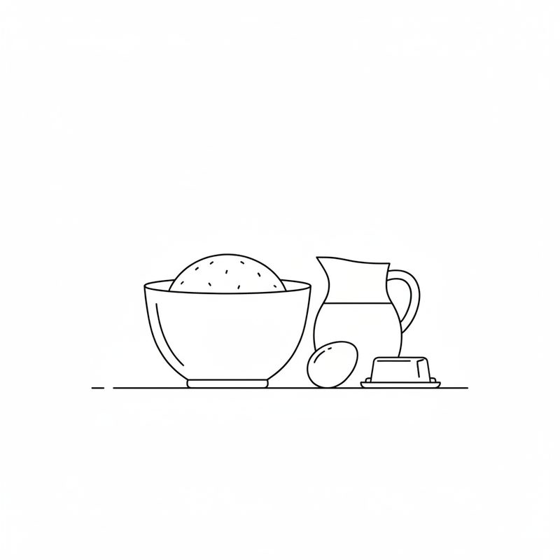 Line drawing of a mixing bowl holding a round ball of dough, with a jug of milk, an egg and a block of butter beside it