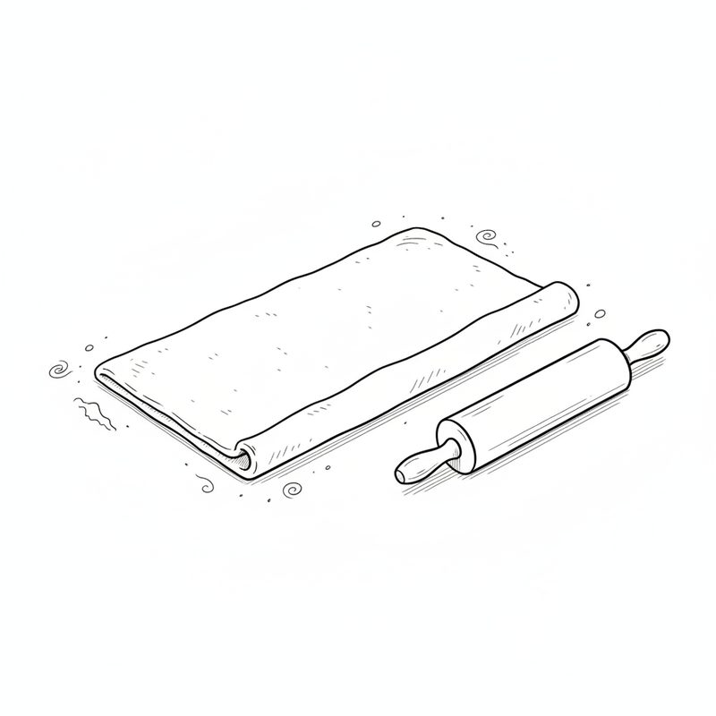 Line drawing of a long sheet of pastry dough on a floured counter with one edge rolled over, and a rolling pin beside it