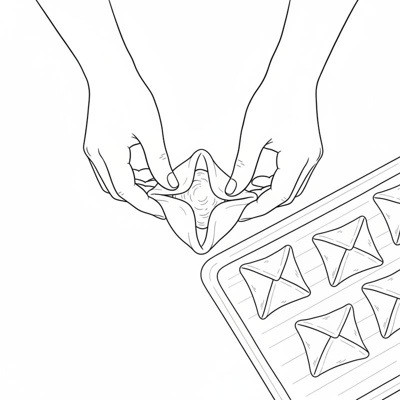 Line drawing of two hands folding the corners of a pastry square into the centre, beside a lined tray of folded square pastries
