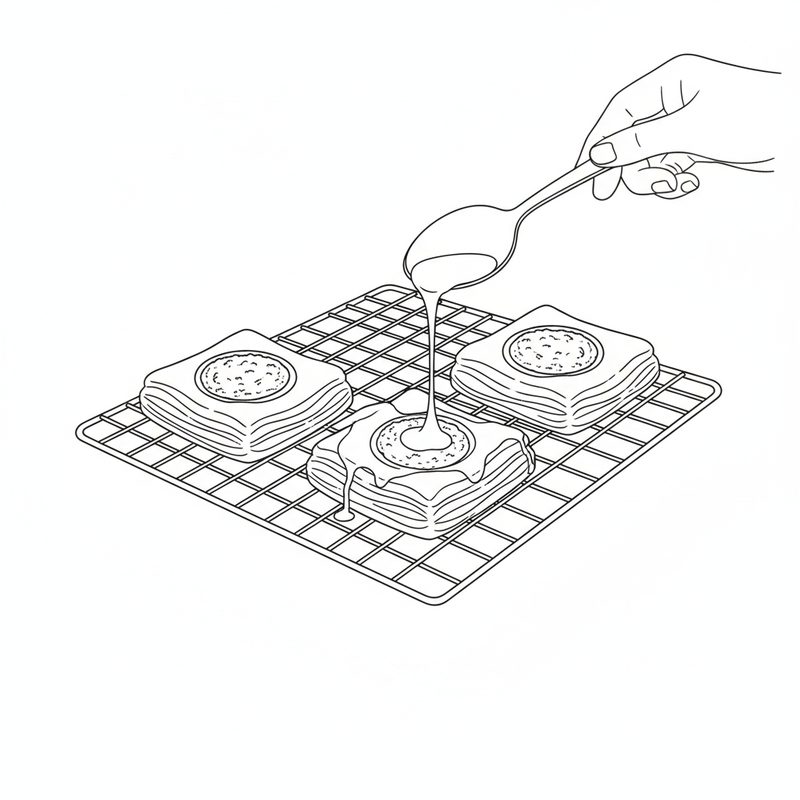 Line drawing of baked square pastries on a cooling rack, a hand drizzling icing from a spoon onto one of them