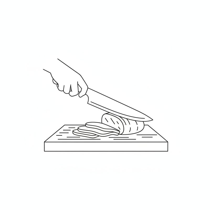 Line drawing of a hand slicing cooked meat into strips on a chopping board