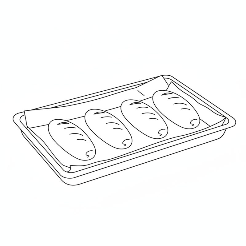 Line drawing of four finished rolls lying seam down on a lined baking tray
