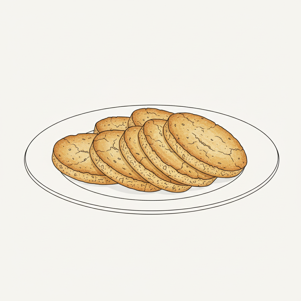 Illustration of a white oval plate holding seven flat, crisp golden-brown toasted mamon rounds, fanned in overlapping layers with dry, cracked surfaces.
