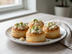 Four golden puff pastry tartlet shells on a white plate, each filled with creamy white sauce, diced chicken and white asparagus, topped with chopped parsley