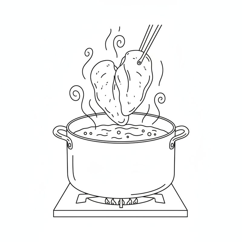 Line drawing of two chicken breasts being lowered with tongs into a steaming pot of water on a gas burner