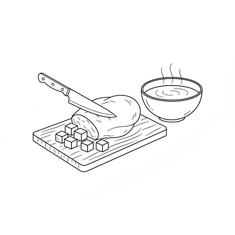 Line drawing of poached chicken breast being cut into small cubes on a wooden board, a bowl of cooking liquid beside it