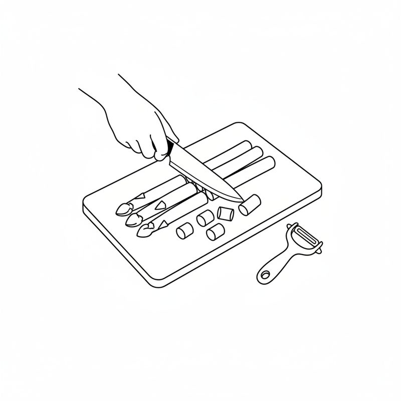 Line drawing of a hand cutting white asparagus spears into short pieces on a board, a vegetable peeler beside it