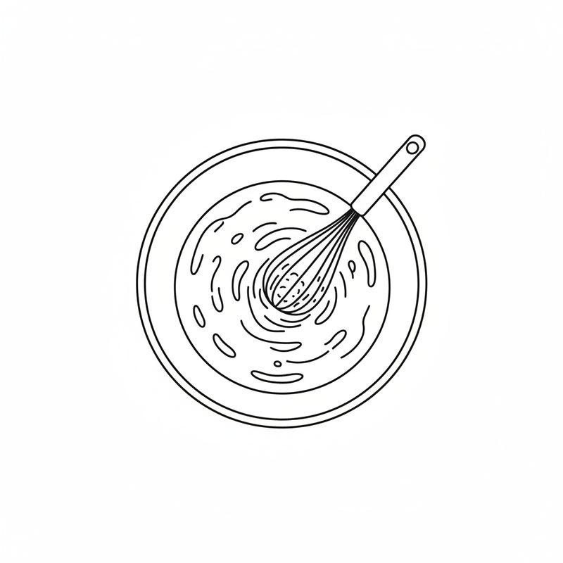 Line drawing of butter and flour being whisked into a roux in a pan, seen from above