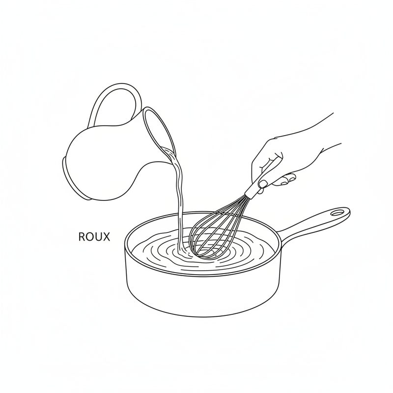 Line drawing of milk being poured from a jug into a saucepan while a whisk stirs the roux into a white sauce