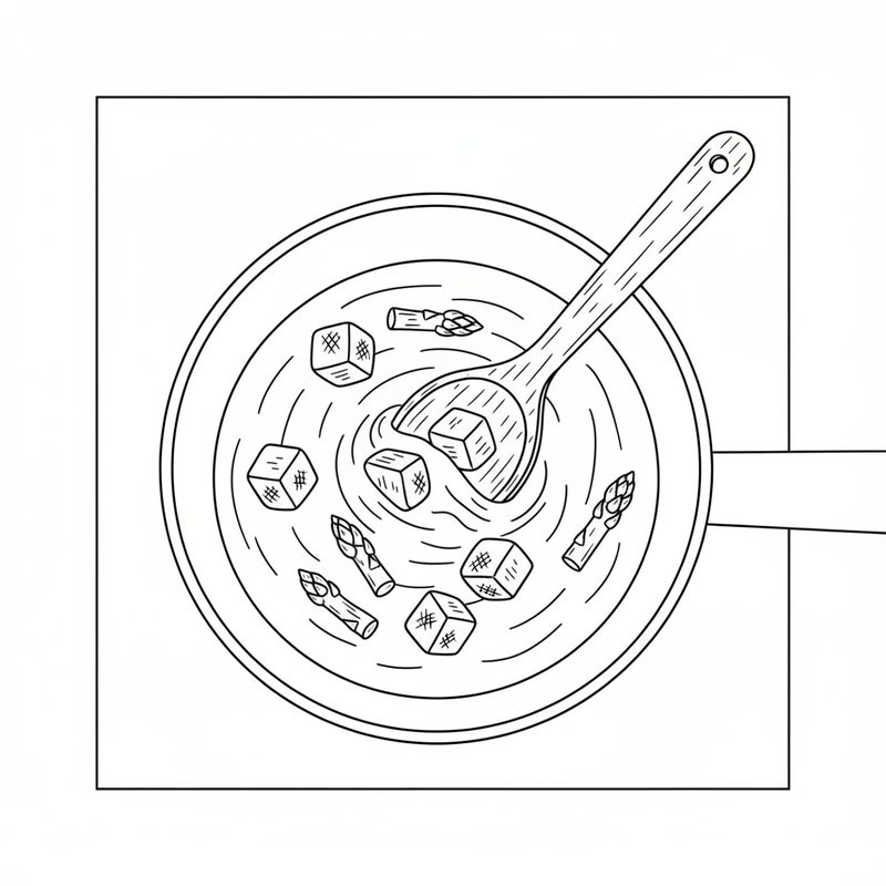 Line drawing of a wooden spoon folding cubes of chicken and asparagus pieces into white sauce in a pan