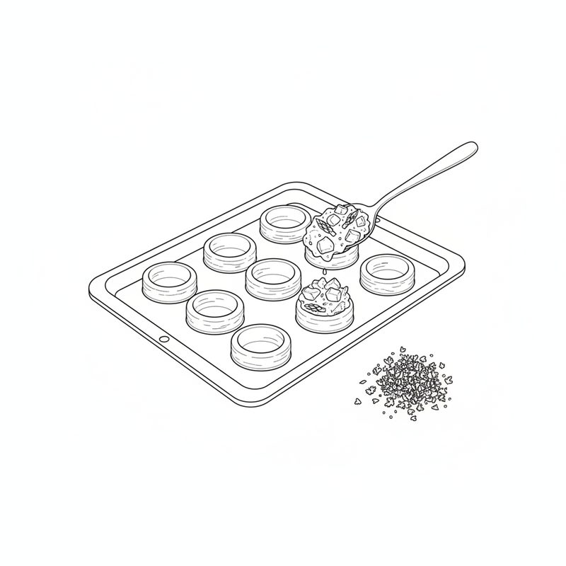 Line drawing of a spoon filling round pastry tartlet shells on a baking tray, chopped parsley beside the tray