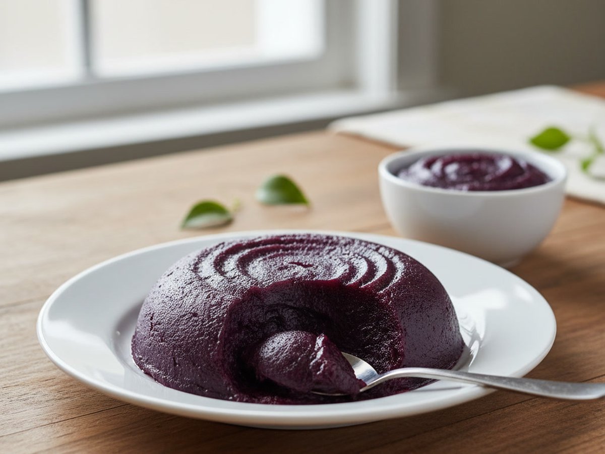 Realistic photo of a round, dense, deep purple mound of ube halaya on a white plate with a spoon lifting out a scoop, a small white bowl of swirled ube halaya behind it, on a wooden table by a window