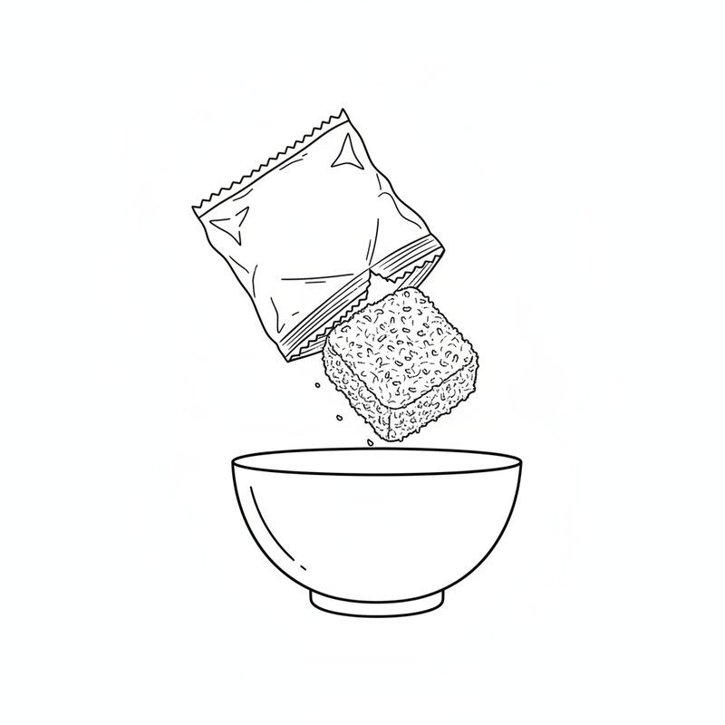 Line drawing of a block of frozen grated yam sliding out of a torn plastic pack into an empty bowl