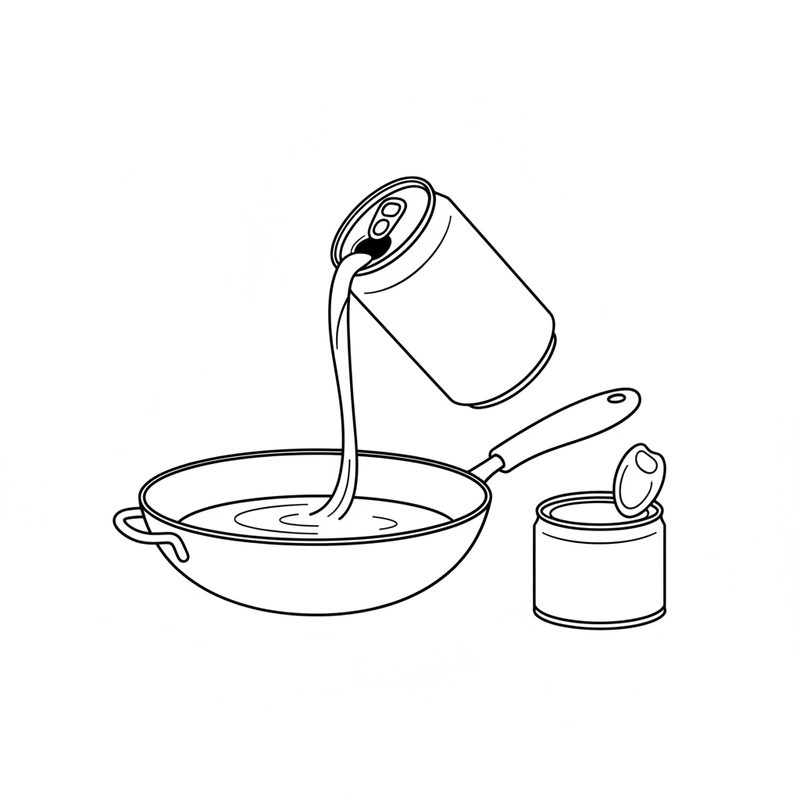 Line drawing of milk pouring from a can into a wide two-handled pan, with a second opened can beside it