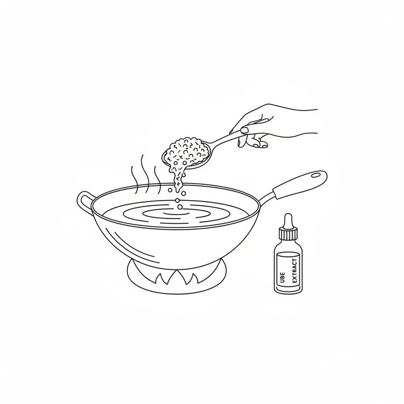Line drawing of a hand spooning grated yam into a steaming wok of liquid on a gas flame, with a small bottle labelled ube extract beside it