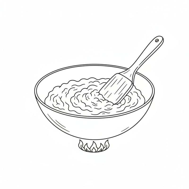 Line drawing of a flat spatula stirring a thick, lumpy mixture in a deep pan over a gas flame