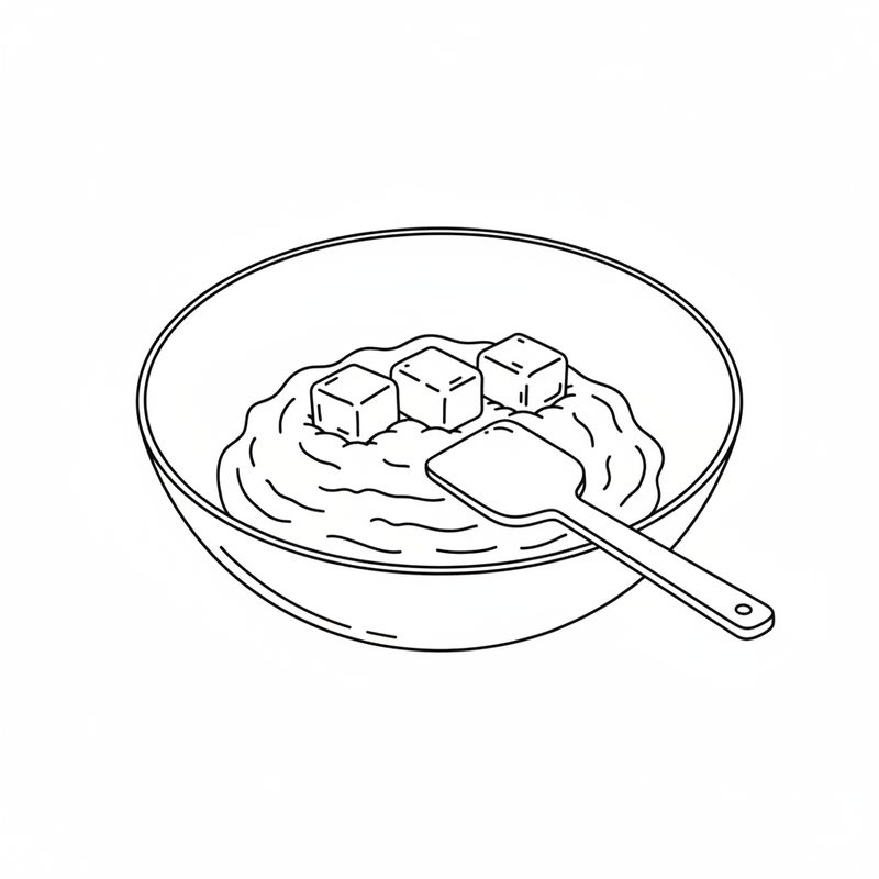 Line drawing of three cubes of butter on a thick paste in a wide bowl-shaped pan, with a flat spatula resting in it