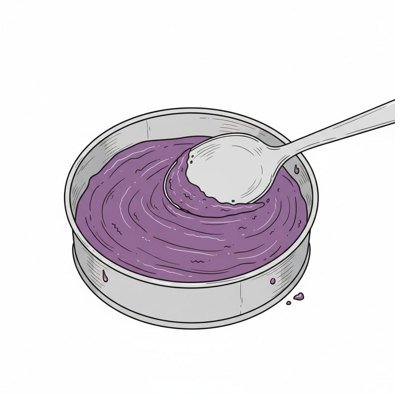 Sketch of a spoon smoothing thick purple ube jam into a round metal pan
