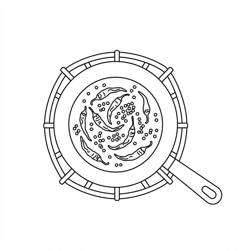 Line drawing of whole dried chillies and small round seeds dry-toasting in a frying pan on a stove burner.