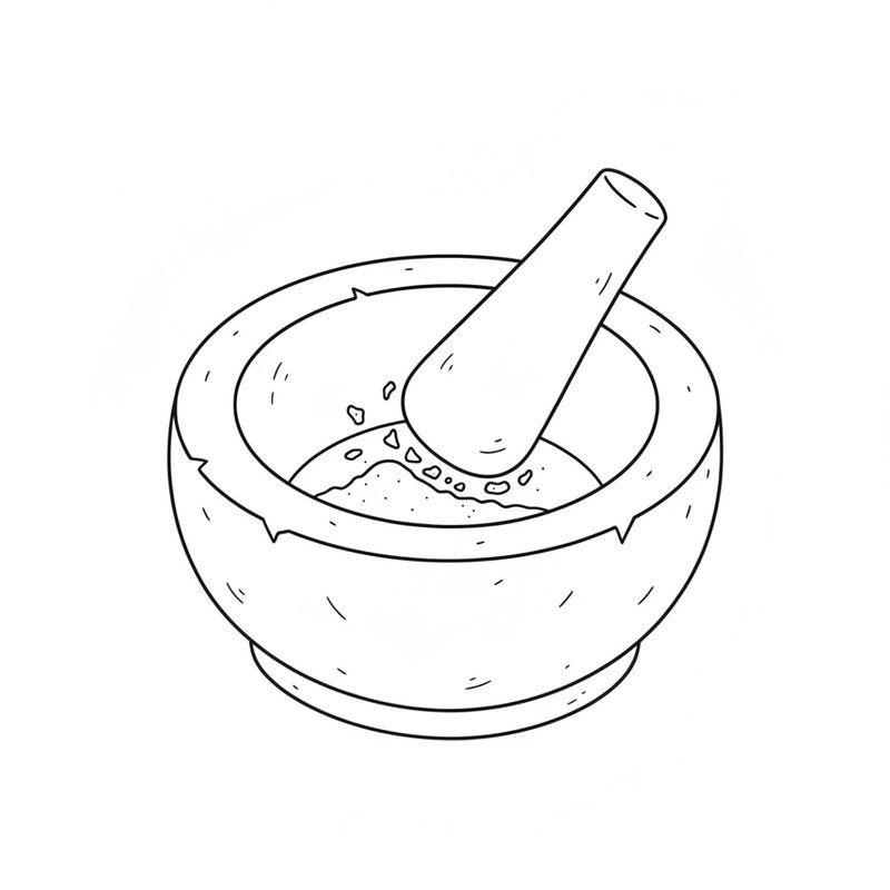 Line drawing of a stone mortar with the pestle resting in a little ground spice powder.